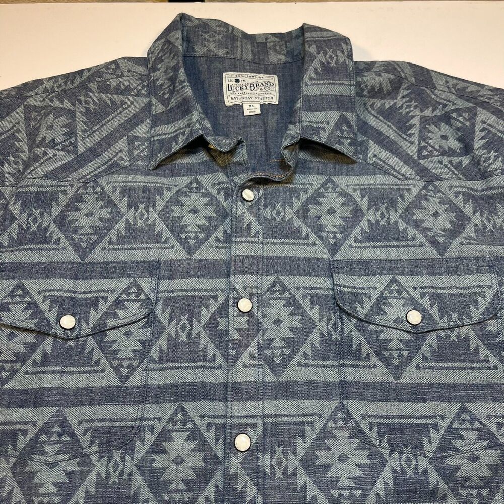LUCKY BRAND Denim Jean Western Pearl Snap Up Inidan Print Shirt Sz Mens XL